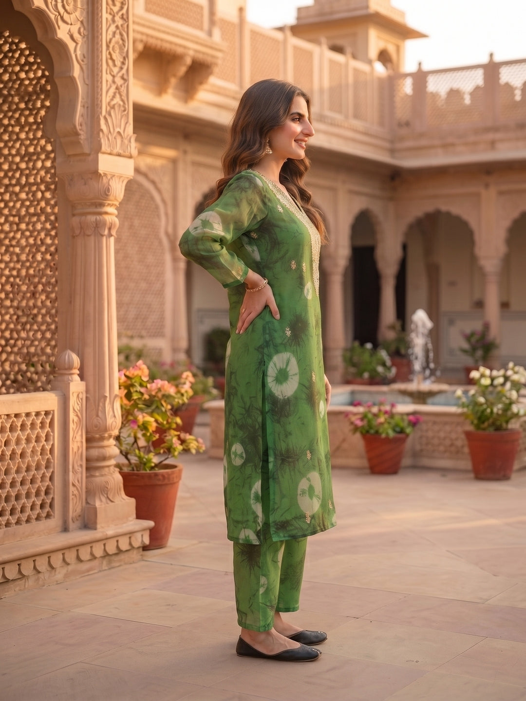 Abstract Printed Embroidered A-Line Co-ord Set - Green