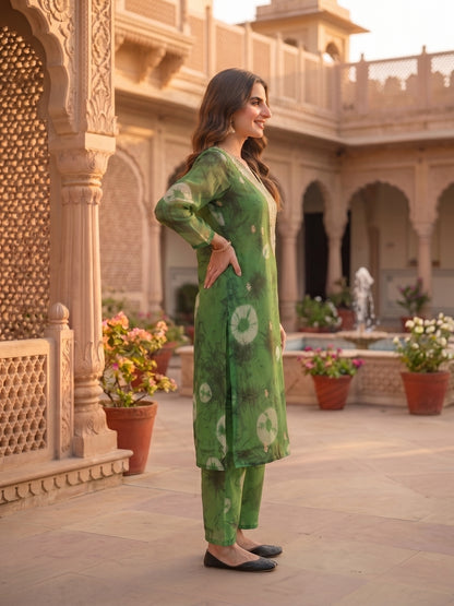 Abstract Printed Embroidered A-Line Co-ord Set - Green