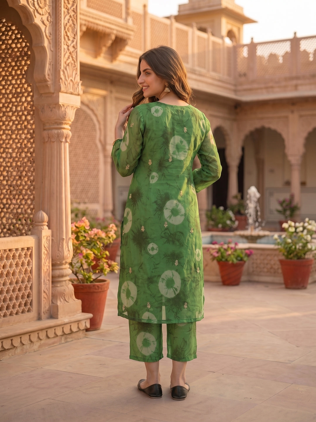 Abstract Printed Embroidered A-Line Co-ord Set - Green