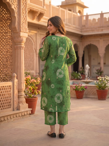 Abstract Printed Embroidered A-Line Co-ord Set - Green
