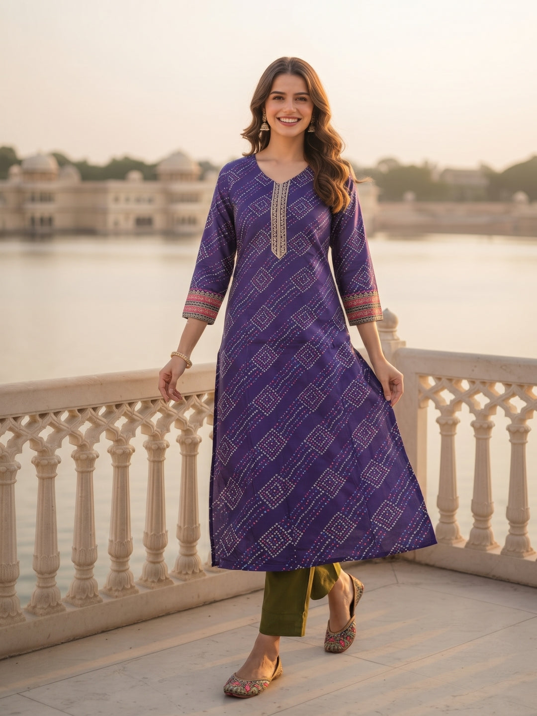 Bandhani-Inspired Geometric Printed Straight Kurta - Purple