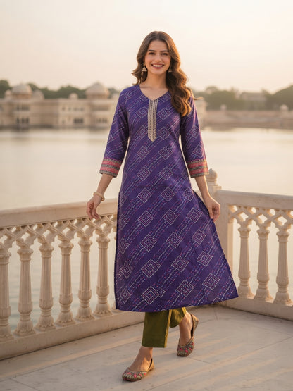 Bandhani-Inspired Geometric Printed Straight Kurta - Purple
