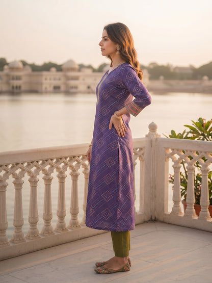 Bandhani-Inspired Geometric Printed Straight Kurta - Purple