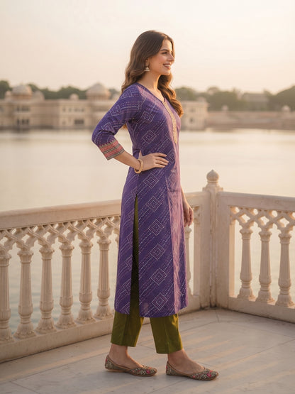 Bandhani-Inspired Geometric Printed Straight Kurta - Purple