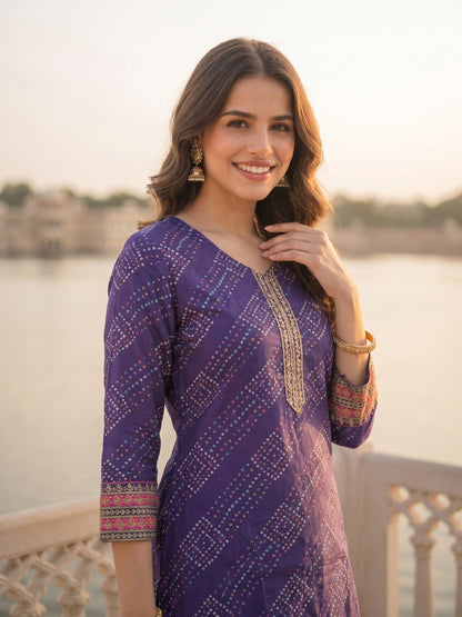 Bandhani-Inspired Geometric Printed Straight Kurta - Purple