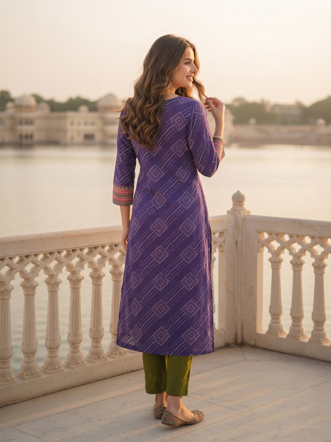 Bandhani-Inspired Geometric Printed Straight Kurta - Purple