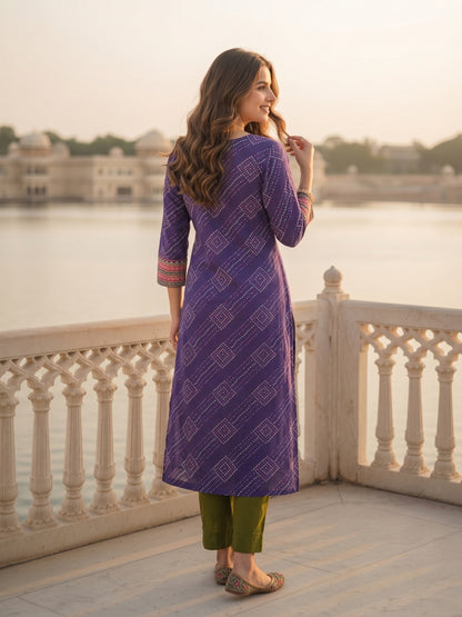 Bandhani-Inspired Geometric Printed Straight Kurta - Purple