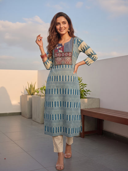 Geometric & Ethnic Motif Printed Straight Kurta - Blue & Off White