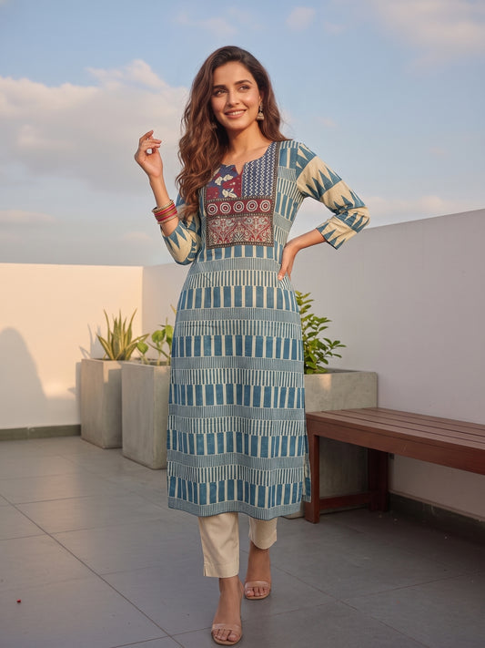 Geometric & Ethnic Motif Printed Straight Kurta - Blue & Off White