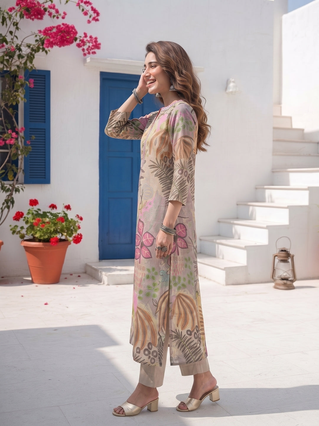 Abstract Printed Straight Kurta with Pant - Beige Multi