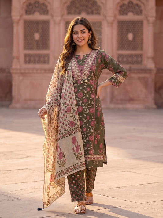 Green Ethnic Floral Printed Embroidered Straight Kurta with Palazzo & Dupatta