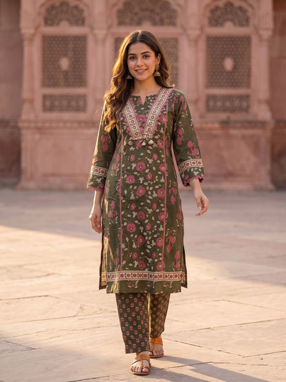 Green Ethnic Floral Printed Embroidered Straight Kurta with Palazzo & Dupatta