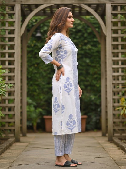 Floral Block Printed A-Line Kurta with Palazzo - Blue