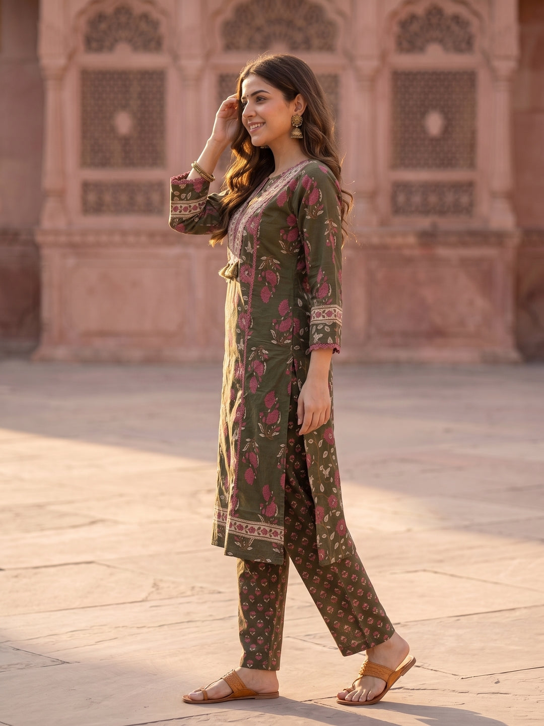 Green Ethnic Floral Printed Embroidered Straight Kurta with Palazzo & Dupatta