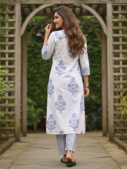 Floral Block Printed A-Line Kurta with Palazzo - Blue