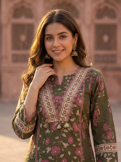 Green Ethnic Floral Printed Embroidered Straight Kurta with Palazzo & Dupatta