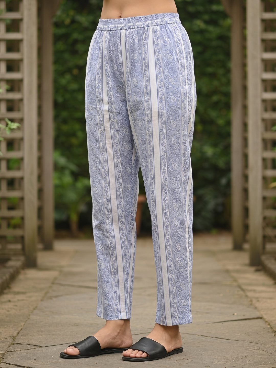 Floral Block Printed A-Line Kurta with Palazzo - Blue