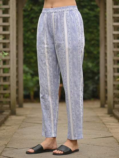 Floral Block Printed A-Line Kurta with Palazzo - Blue