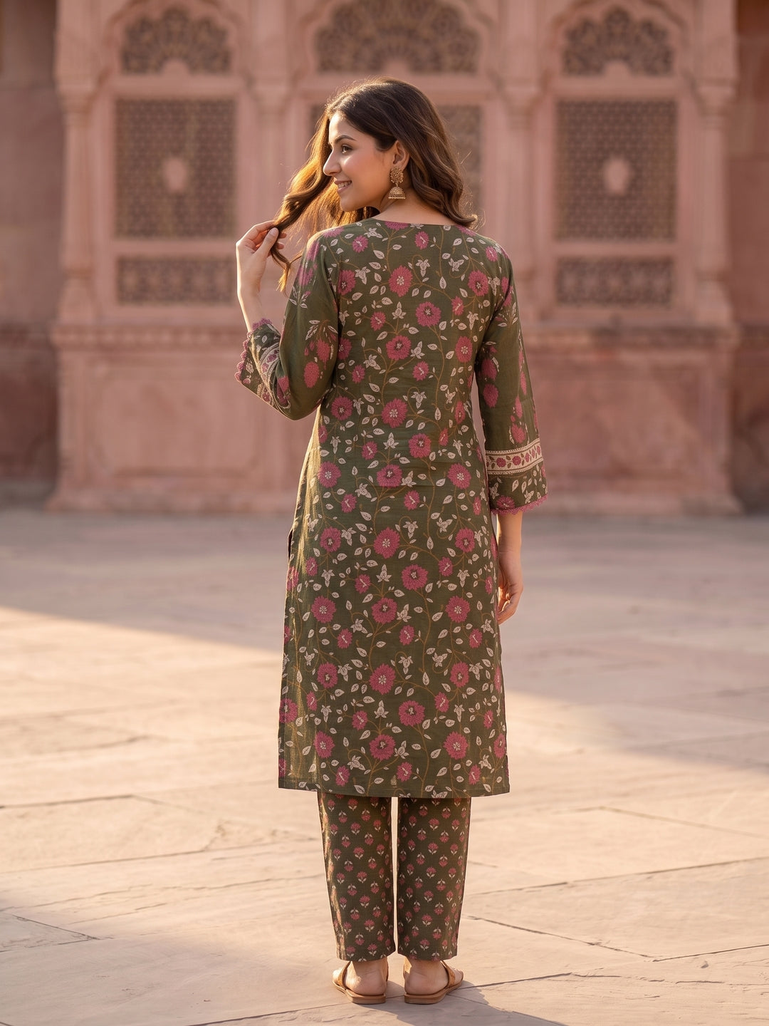 Green Ethnic Floral Printed Embroidered Straight Kurta with Palazzo & Dupatta
