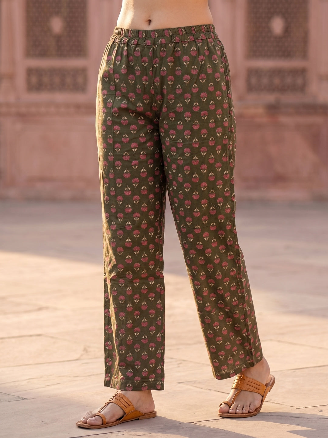 Green Ethnic Floral Printed Embroidered Straight Kurta with Palazzo & Dupatta