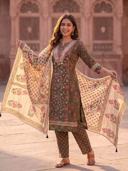 Green Ethnic Floral Printed Embroidered Straight Kurta with Palazzo & Dupatta