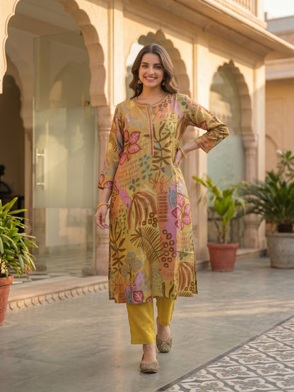 Abstract Printed Straight Kurta with Pant - Mustard Multi