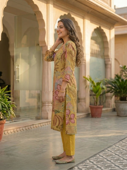 Abstract Printed Straight Kurta with Pant - Mustard Multi