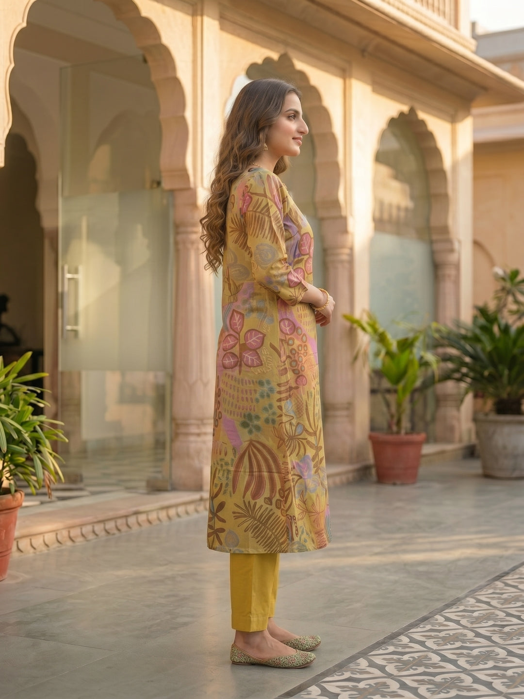 Abstract Printed Straight Kurta with Pant - Mustard Multi