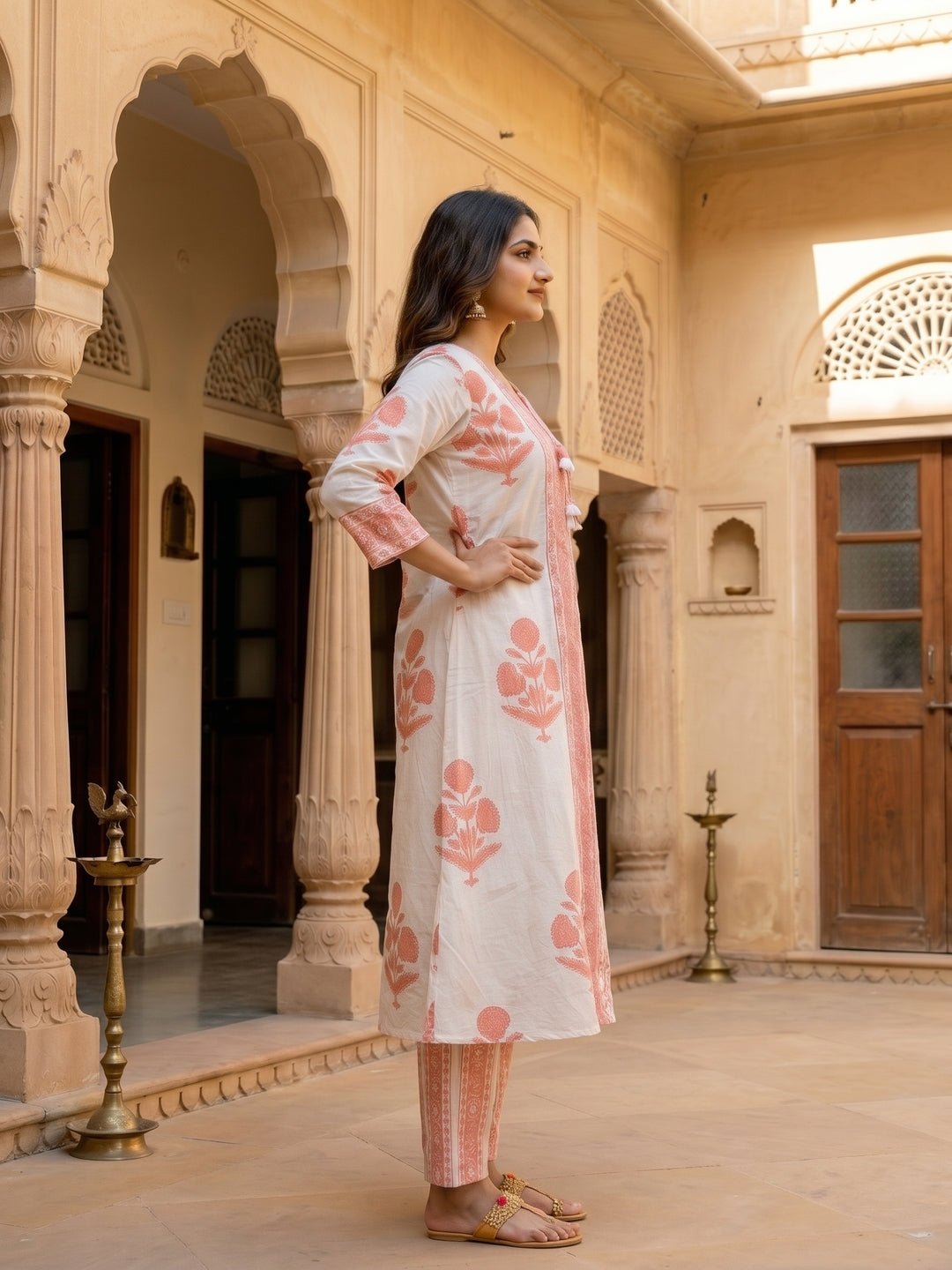 Floral Block Printed A-Line Kurta with Palazzo - Peach