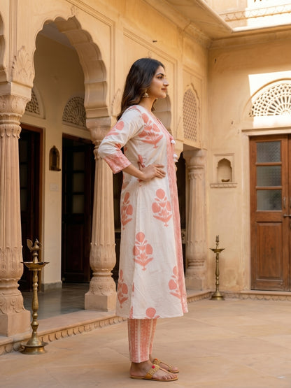 Floral Block Printed A-Line Kurta with Palazzo - Peach