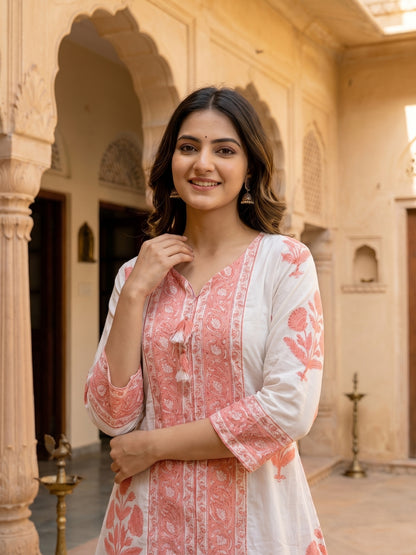 Floral Block Printed A-Line Kurta with Palazzo - Peach
