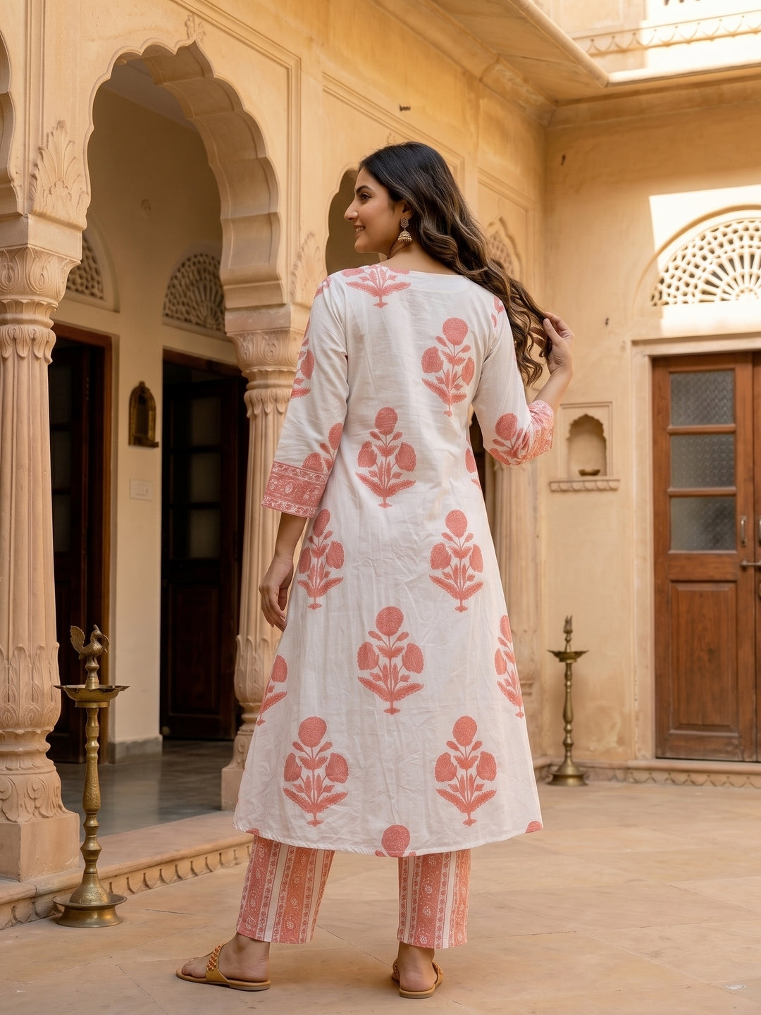 Floral Block Printed A-Line Kurta with Palazzo - Peach