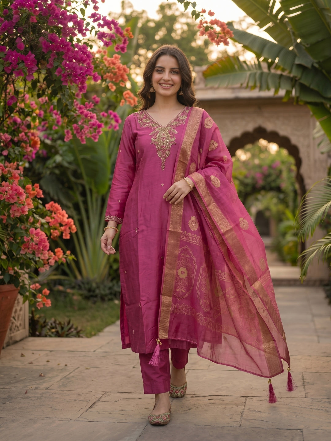 Zari Embroidered Straight Kurta with Pant and Dupatta - Magenta Pink