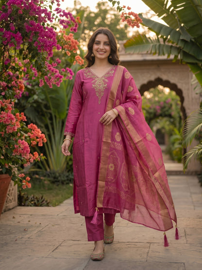 Zari Embroidered Straight Kurta with Pant and Dupatta - Magenta Pink