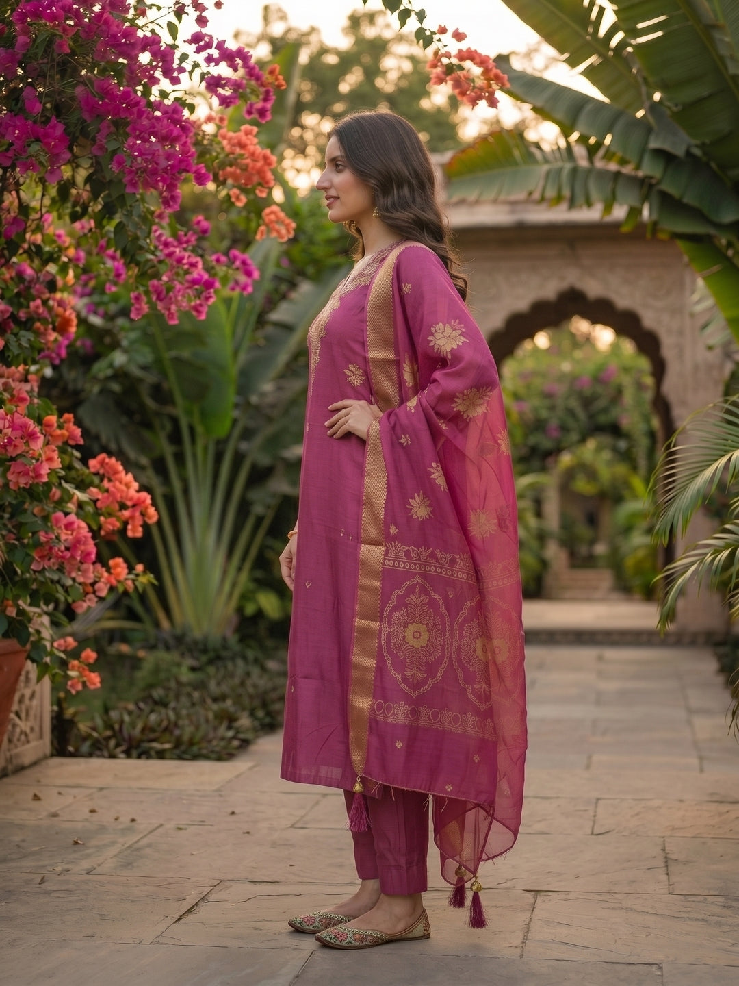 Zari Embroidered Straight Kurta with Pant and Dupatta - Magenta Pink