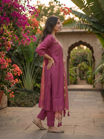 Zari Embroidered Straight Kurta with Pant and Dupatta - Magenta Pink