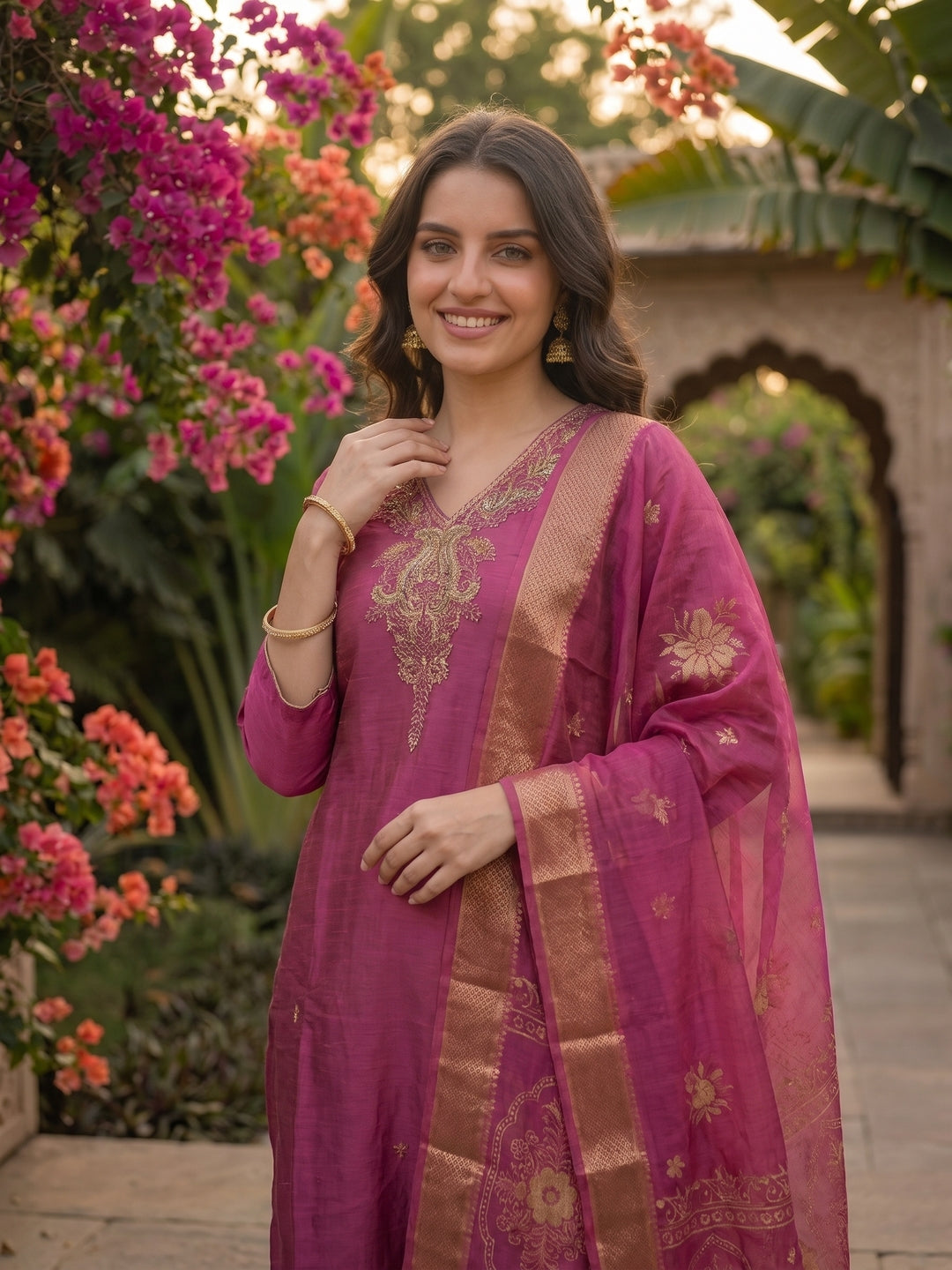 Zari Embroidered Straight Kurta with Pant and Dupatta - Magenta Pink