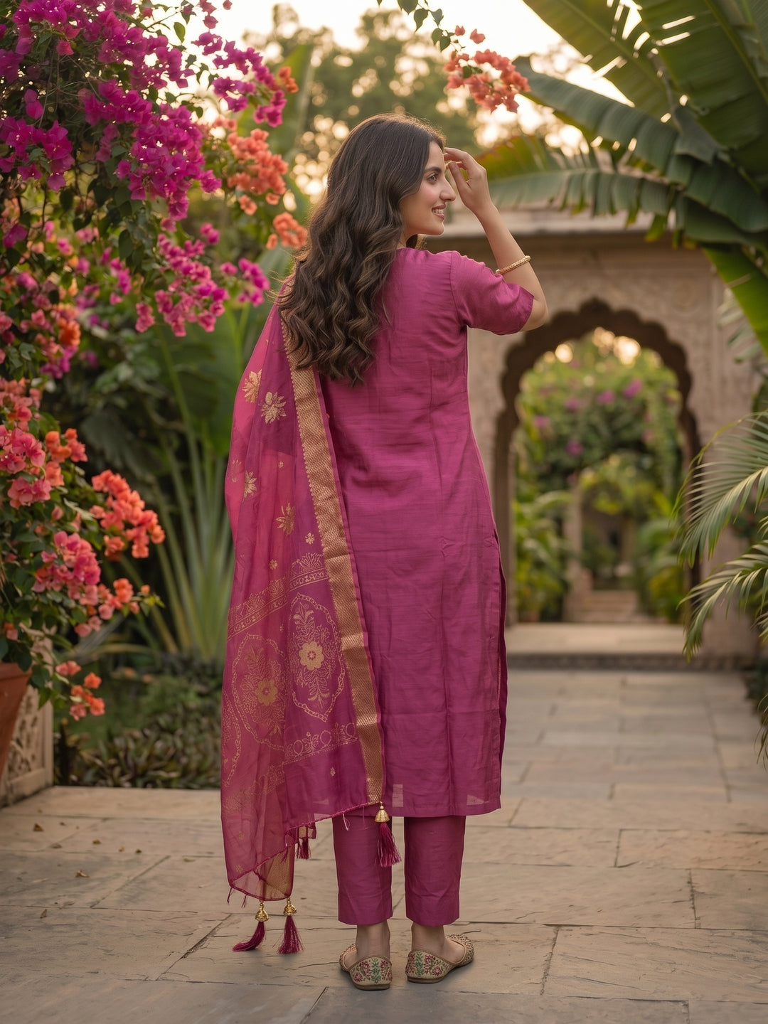 Zari Embroidered Straight Kurta with Pant and Dupatta - Magenta Pink