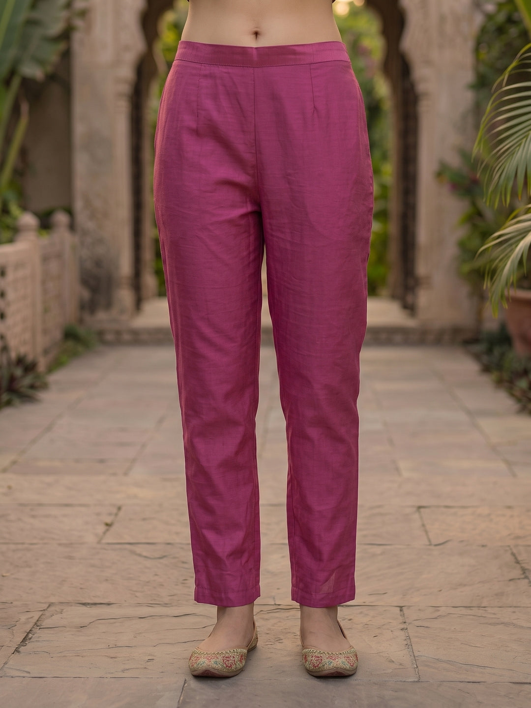 Zari Embroidered Straight Kurta with Pant and Dupatta - Magenta Pink