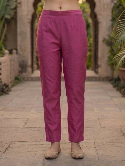 Zari Embroidered Straight Kurta with Pant and Dupatta - Magenta Pink