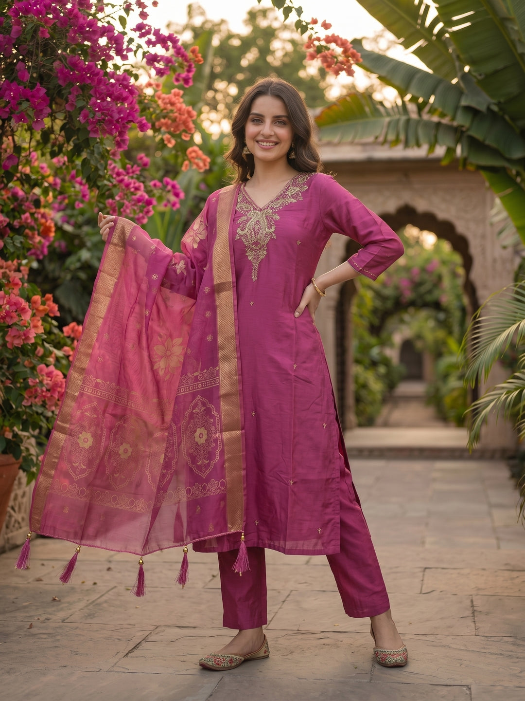 Zari Embroidered Straight Kurta with Pant and Dupatta - Magenta Pink