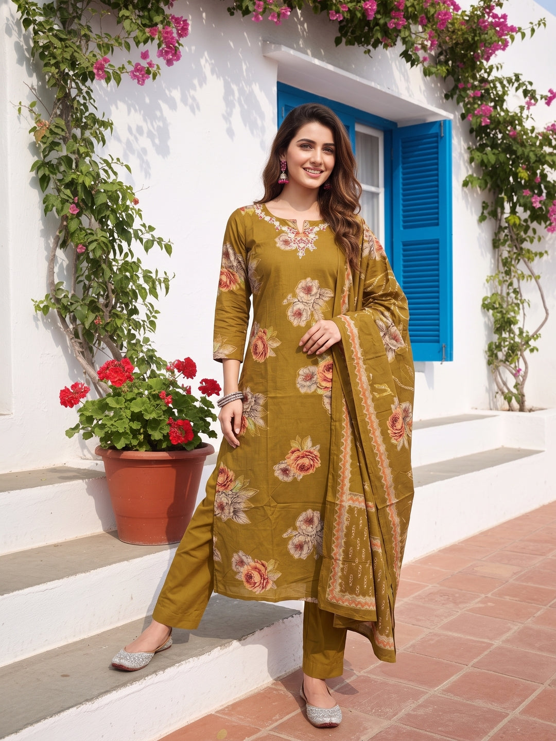 Floral Printed Mirror Embroidered Straight Kurta with Pant & Dupatta - Mustard
