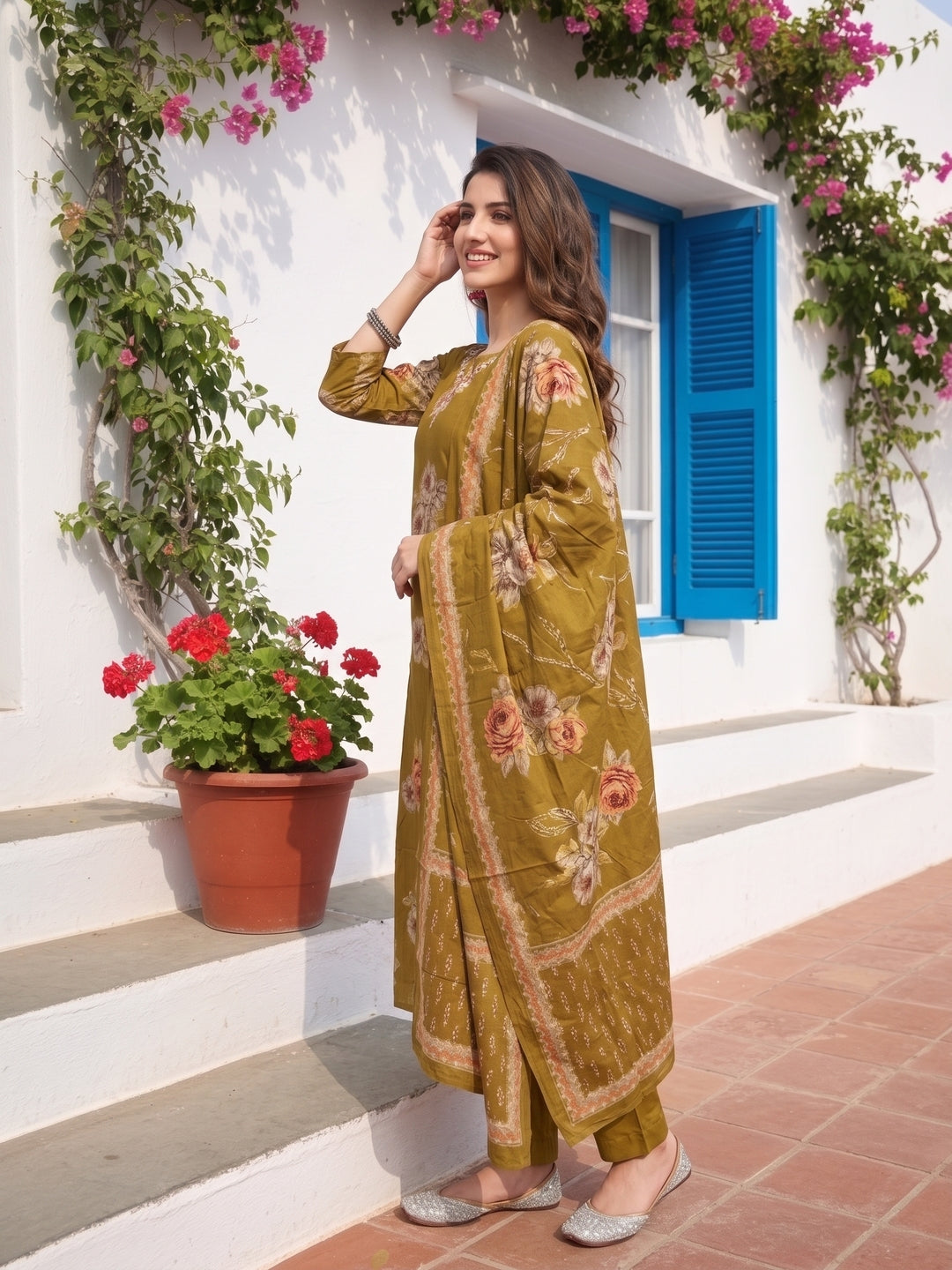 Floral Printed Mirror Embroidered Straight Kurta with Pant & Dupatta - Mustard