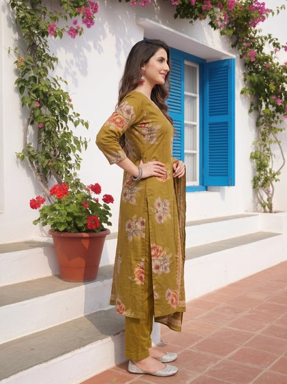 Floral Printed Mirror Embroidered Straight Kurta with Pant & Dupatta - Mustard