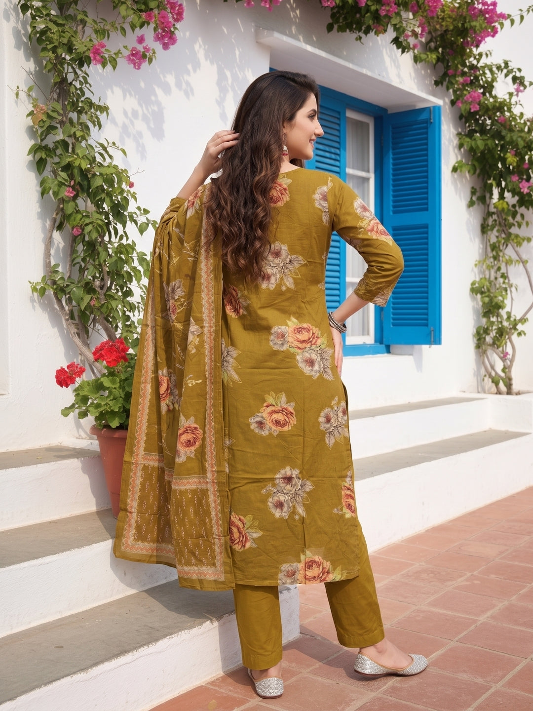 Floral Printed Mirror Embroidered Straight Kurta with Pant & Dupatta - Mustard