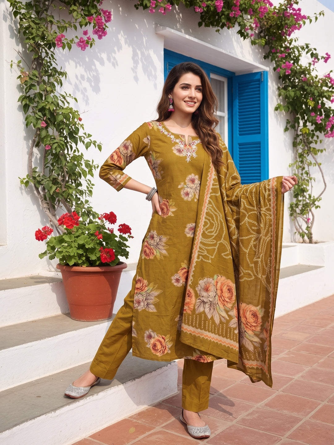 Floral Printed Mirror Embroidered Straight Kurta with Pant & Dupatta - Mustard