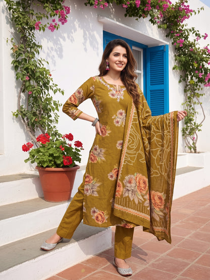 Floral Printed Mirror Embroidered Straight Kurta with Pant & Dupatta - Mustard