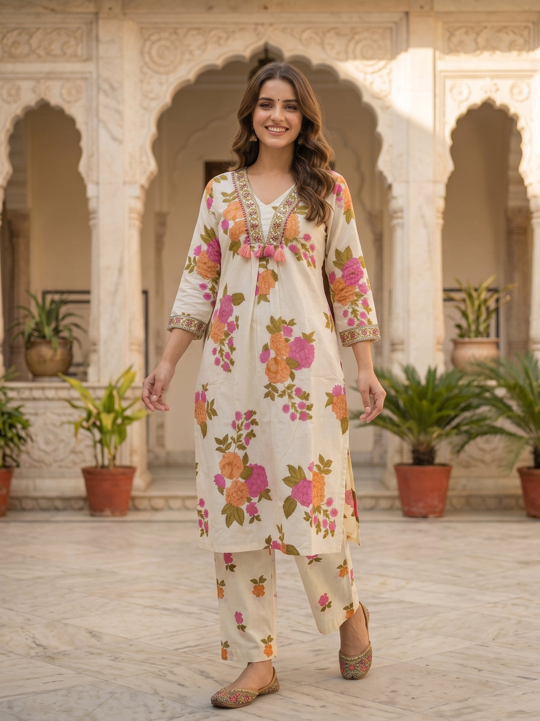 Floral Printed Straight Kurta with Pyjama and Dupatta - Cream
