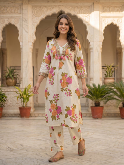 Floral Printed Straight Kurta with Pyjama and Dupatta - Cream