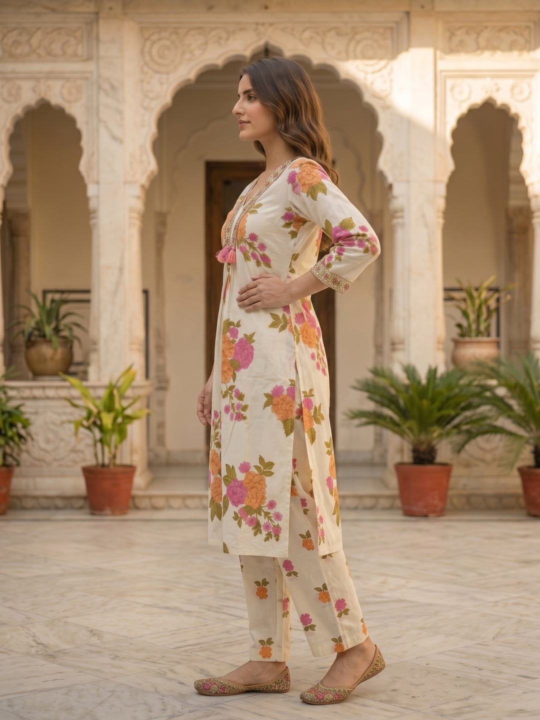 Floral Printed Straight Kurta with Pyjama and Dupatta - Cream